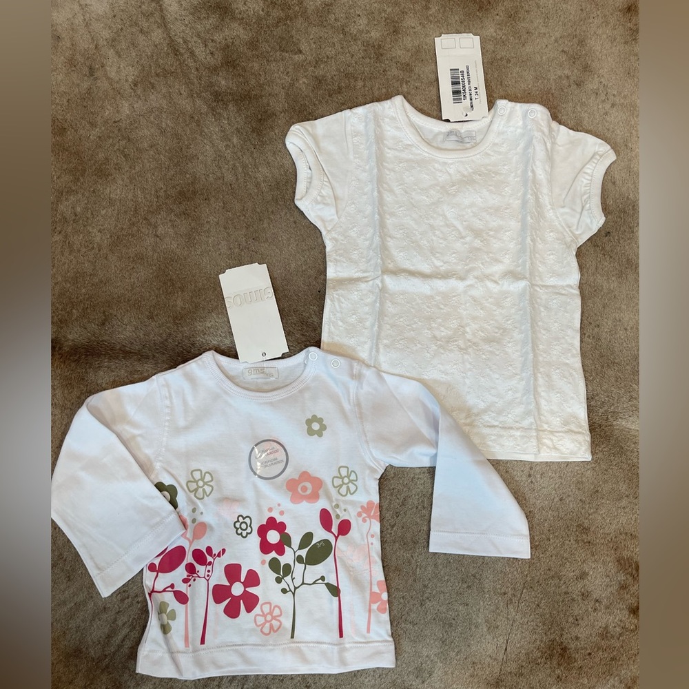 2-NWT Baby Girl’s Gimos Long Sleeve Shirts Size 12m/White Short Sleeve Size 24m